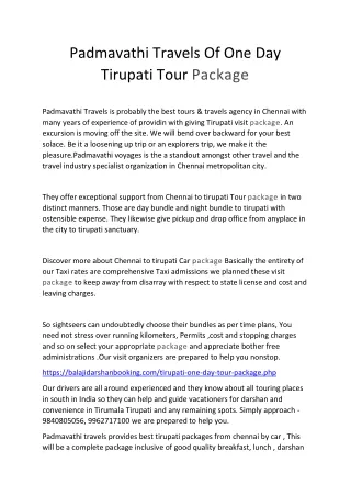 Padmavathi Travels Of One Day Tirupati Tour Package