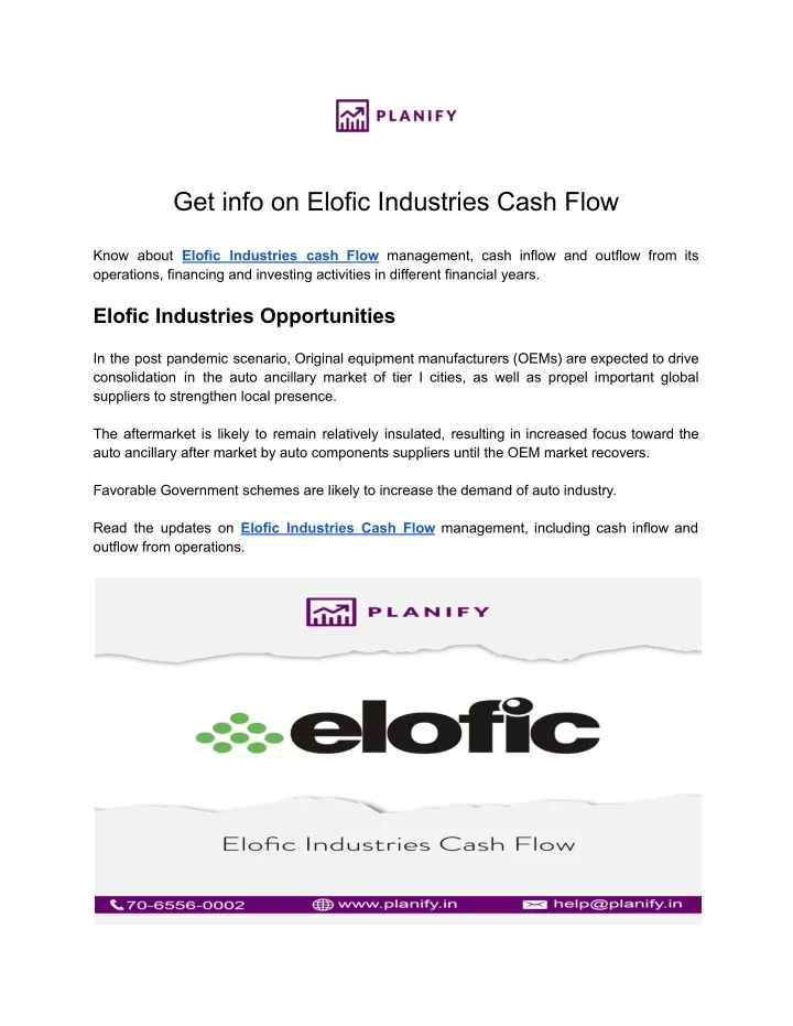 get info on elofic industries cash flow