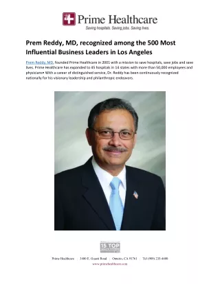 Prem Reddy, MD, recognized among the 500 Most Influential Business Leaders in Lo