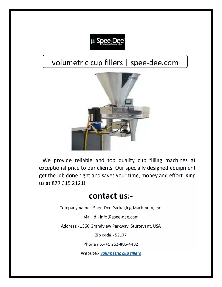 volumetric cup fillers spee dee com