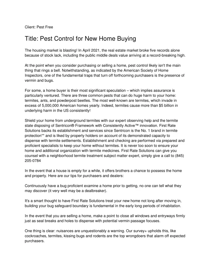 client pest free title pest control for new home