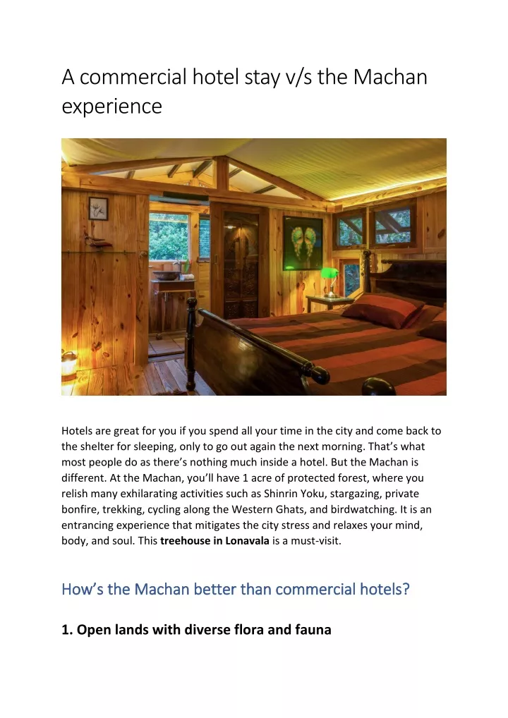 a commercial hotel stay v s the machan experience