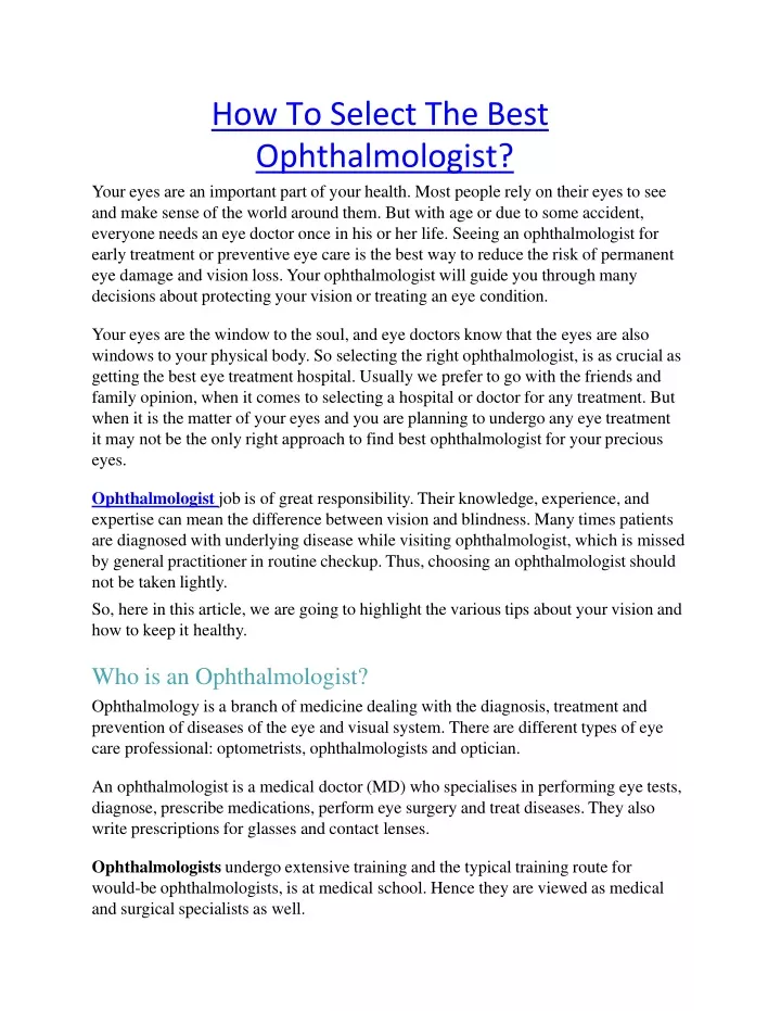 how to select the best ophthalmologist