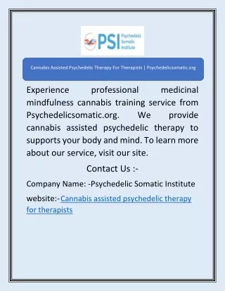 Cannabis Assisted Psychedelic Therapy For Therapists | Psychedelicsomatic.org