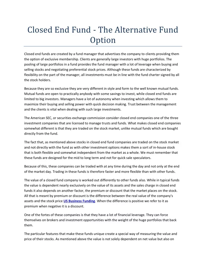closed end fund the alternative fund option