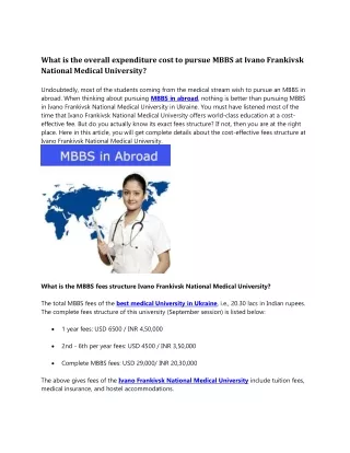 What is the overall expenditure cost to pursue MBBS at Ivano Frankivsk National Medical University