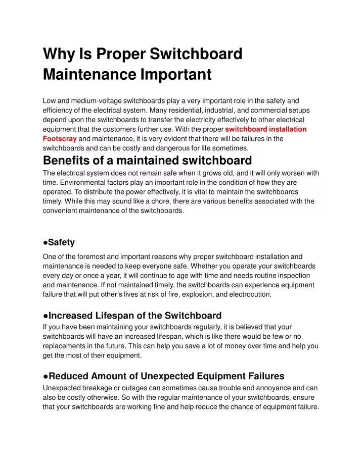 why is proper switchboard maintenance important