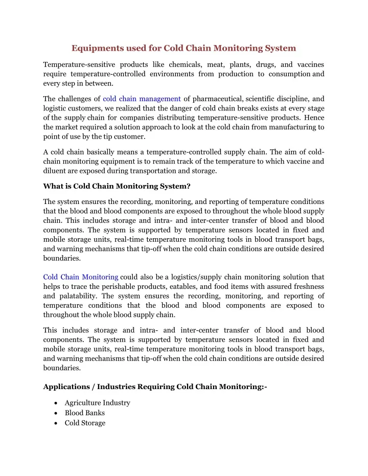 equipments used for cold chain monitoring system