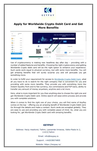 Apply for Worldwide Crypto Debit Card and Get More Benefits