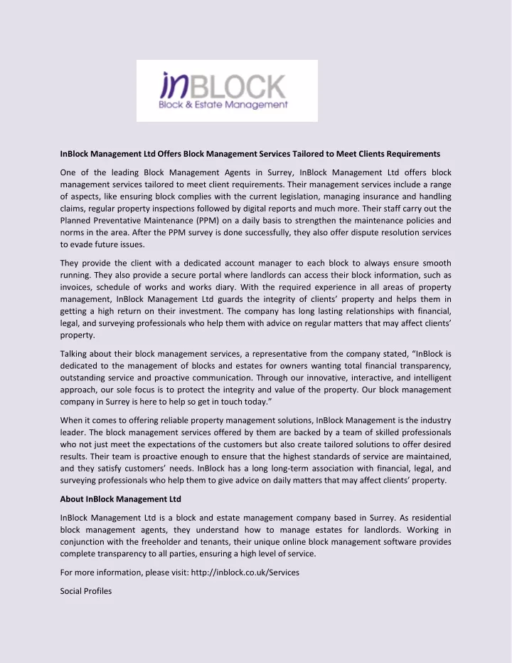 inblock management ltd offers block management