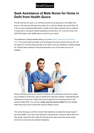 Seek Assistance of Male Nurse for Home in Delhi from Health Quora