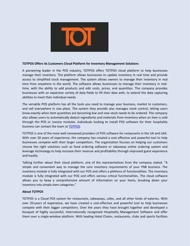totpos offers its customers cloud platform