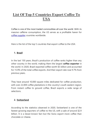 List Of Top 5 Countries Export Coffee To USA