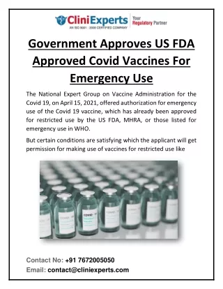 Government Approves US FDA Approved Covid Vaccines For Emergency Use