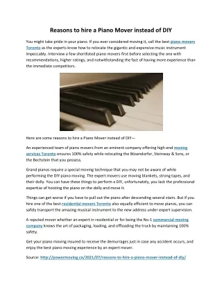 Reasons to hire a Piano Mover instead of DIY