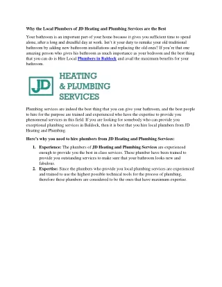 Why the Local Plumbers of JD Heating and Plumbing Services are the Best