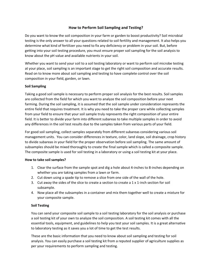 how to perform soil sampling and testing