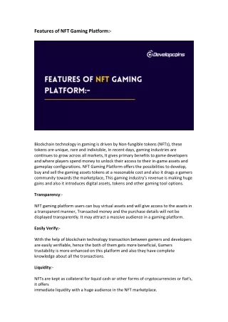 features of nft gaming platform