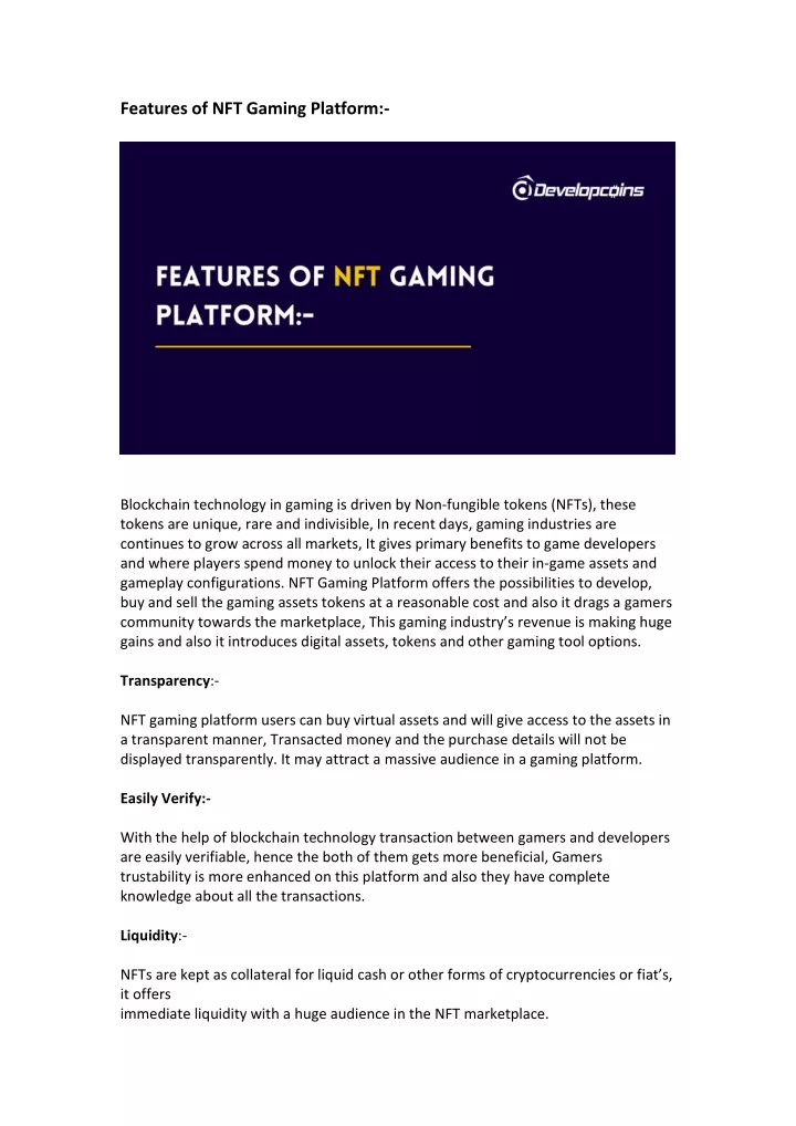 features of nft gaming platform