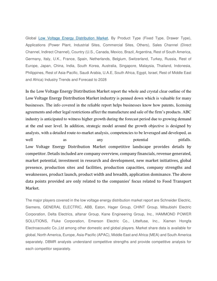 global low voltage energy distribution market