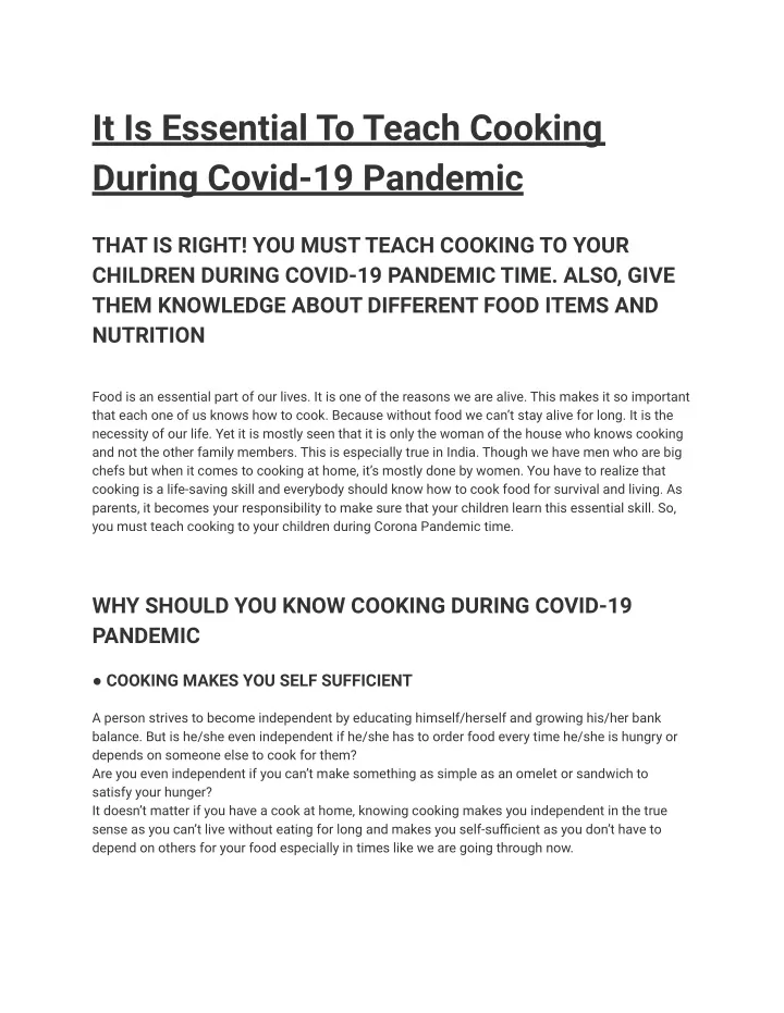 it is essential to teach cooking during covid