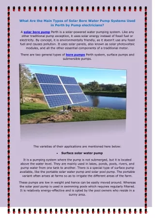 What Are the Main Types of Solar Bore Water Pump Systems Used in Perth by Pumpelectricians