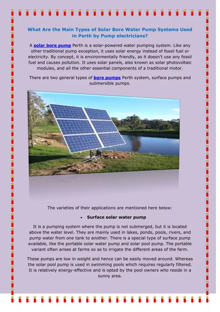 what are the main types of solar bore water pump