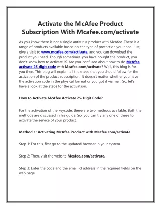 Activate the McAfee Product Subscription With Mcafee.com/activate