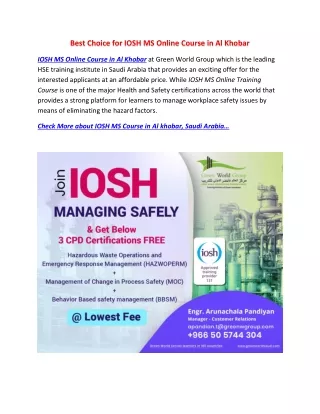 Best Choice for IOSH MS Online Course in Al Khobar