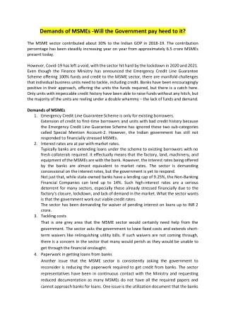 Demands of MSMEs. Will the Government pay heed to it