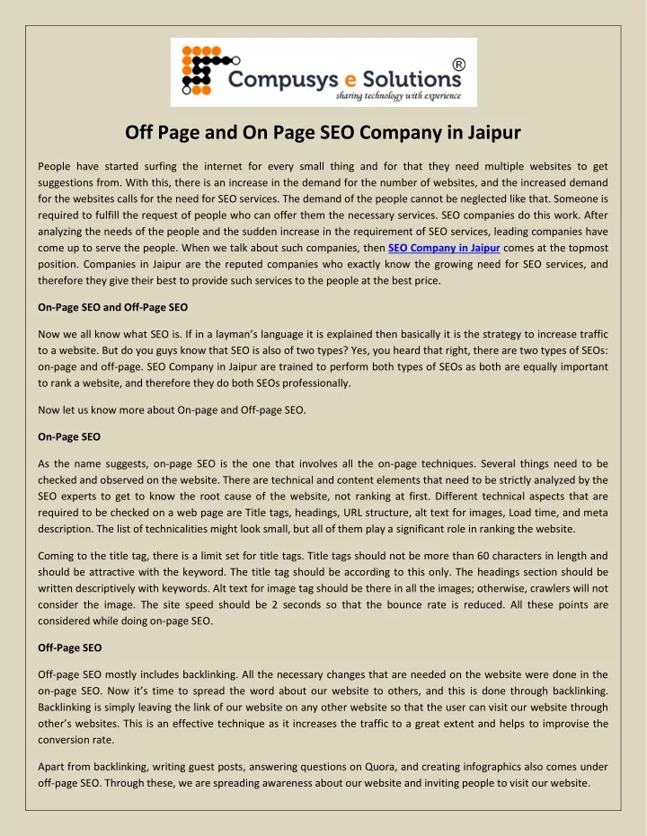 off page and on page seo company in jaipur