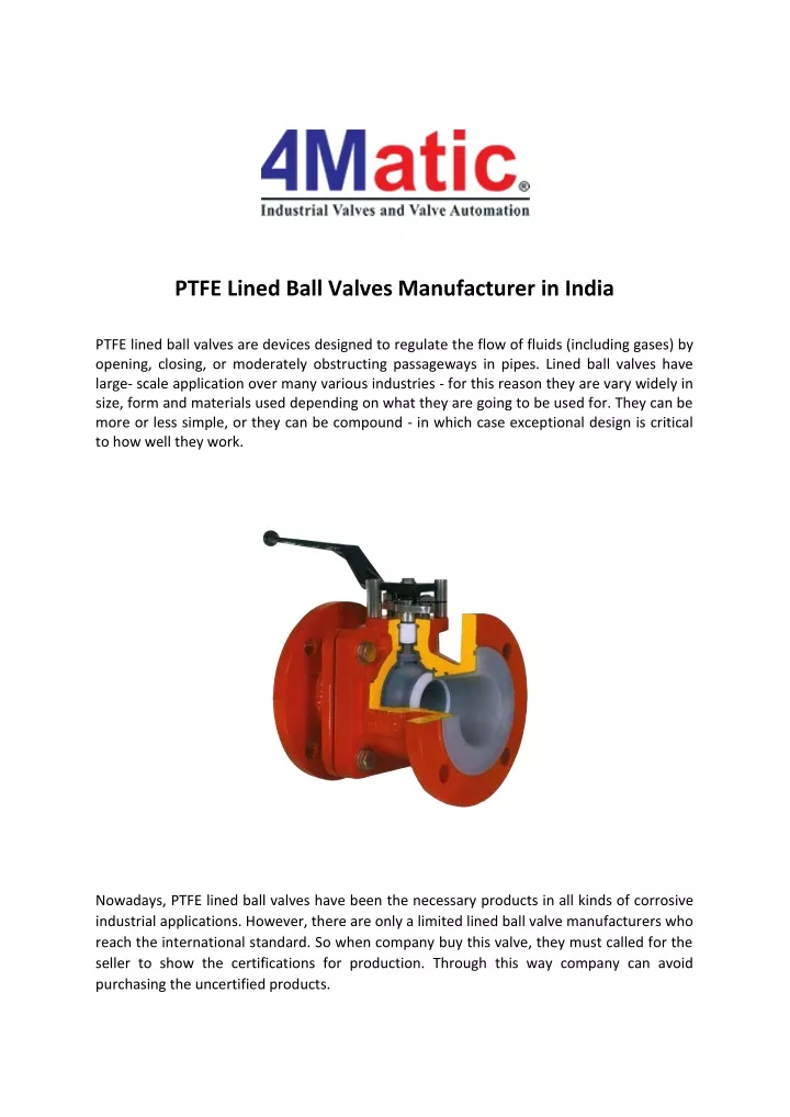 ptfe lined ball valves manufacturer in india