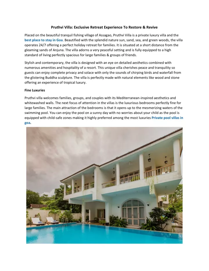 pruthvi villa exclusive retreat experience