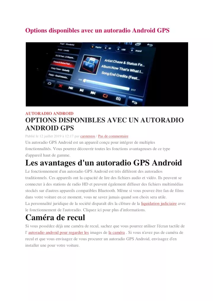 options disponibles avec un autoradio android gps