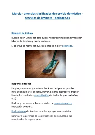 Murcia - anuncios clasificados de servicio doméstico - servicios de limpieza - bedpage.es