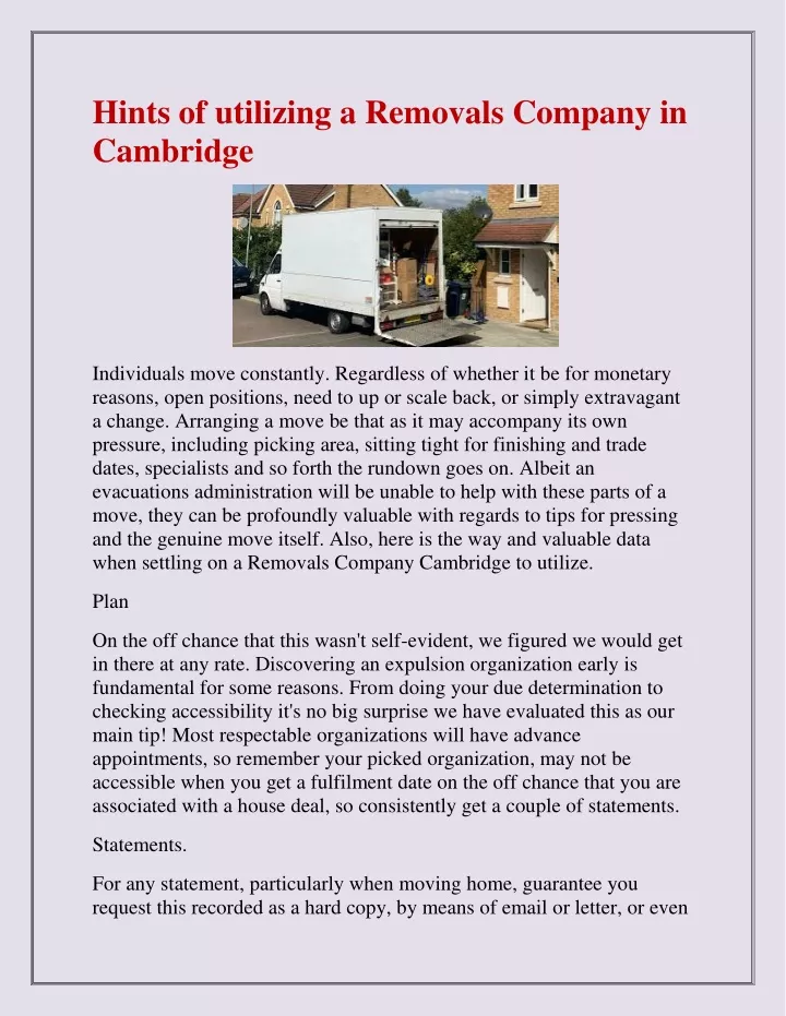 hints of utilizing a removals company in cambridge