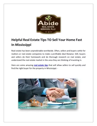 Helpful Real Estate Tips TO Sell Your Home Fast In Mississippi