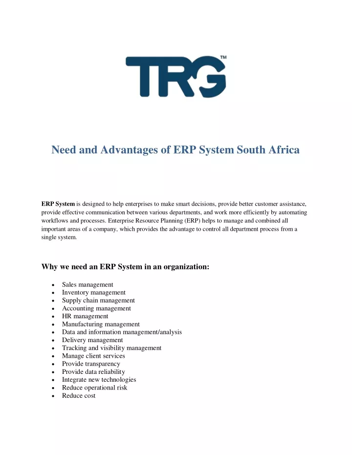 need and advantages of erp system south africa