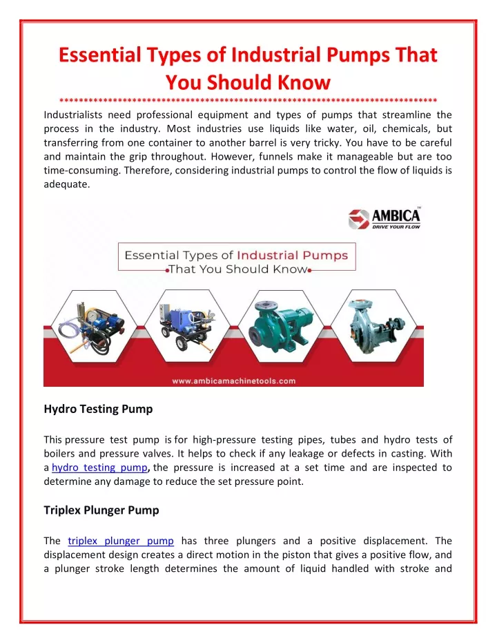 essential types of industrial pumps that