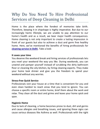 Why Do You Need To Hire Professional Services of Deep Cleaning in Delhi