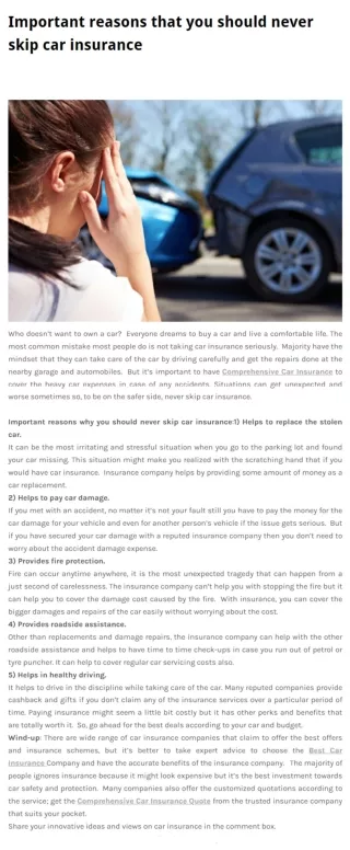Important reasons that you should never skip car insurance