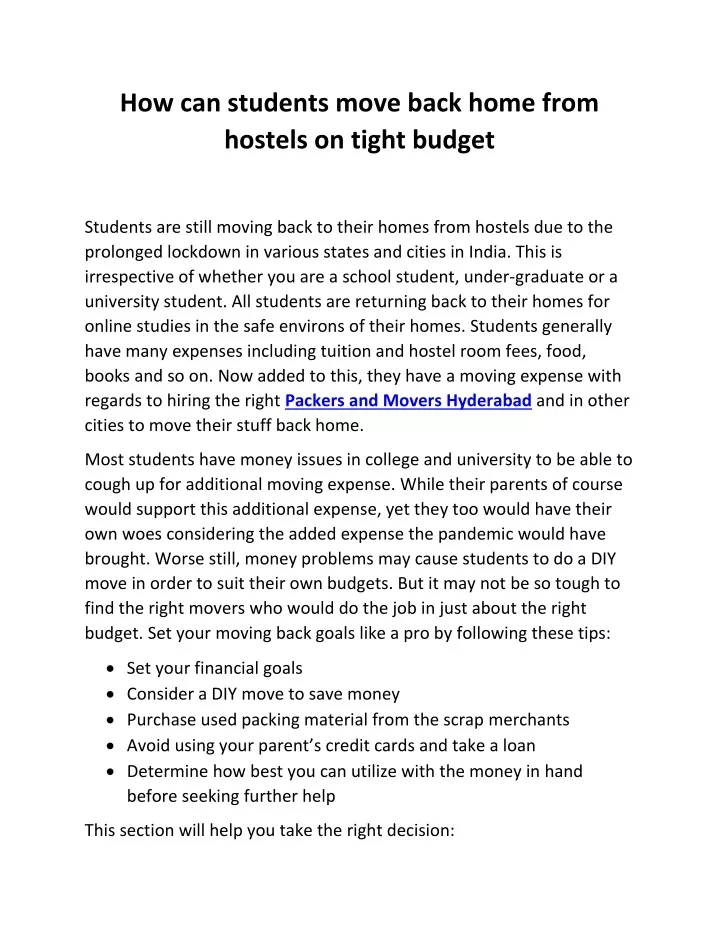 how can students move back home from hostels