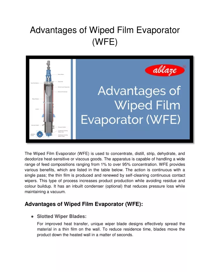 advantages of wiped film evaporator wfe