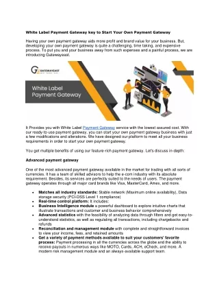 White Label Payment Gateway key to Start Your Own Payment Gateway