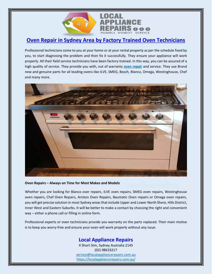 oven repair in sydney area by factory trained
