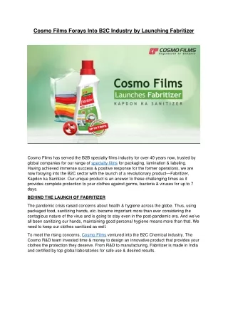 cosmo films forays into b2c industry by launching