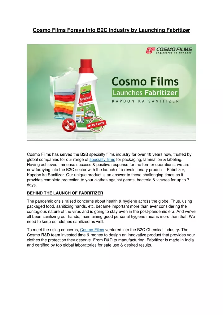 cosmo films forays into b2c industry by launching