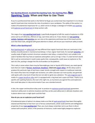 Non Sparking Wrench, Insulated Non Sparking Tools, Non Sparking Pliers, Non Sparking Tools When and How to Use Them