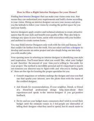 How to Hire a Right Interior Designer for your Home