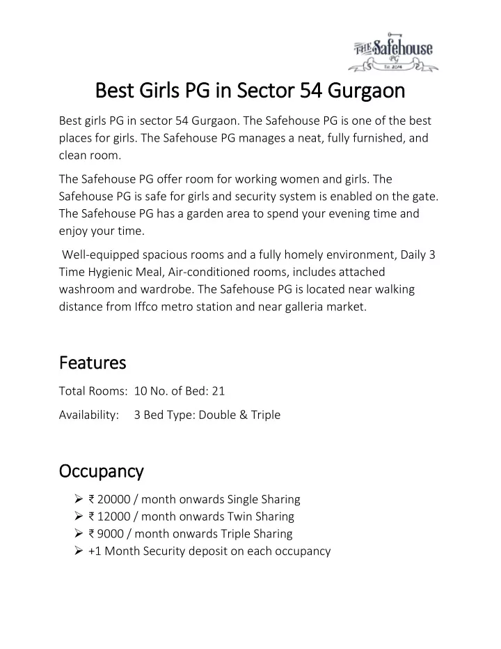 best girls pg in sector 54 gurgaon best girls